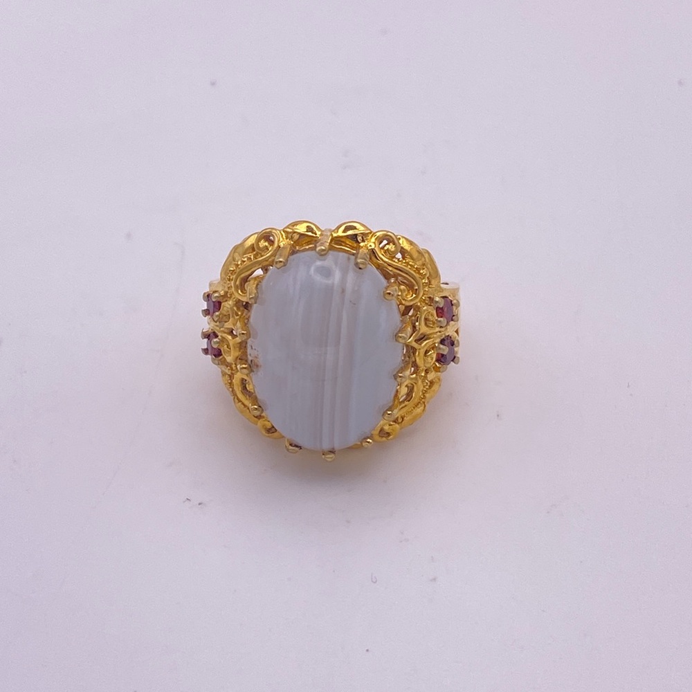 Gray Agate Ring with Garnets; GbD;  Size 7